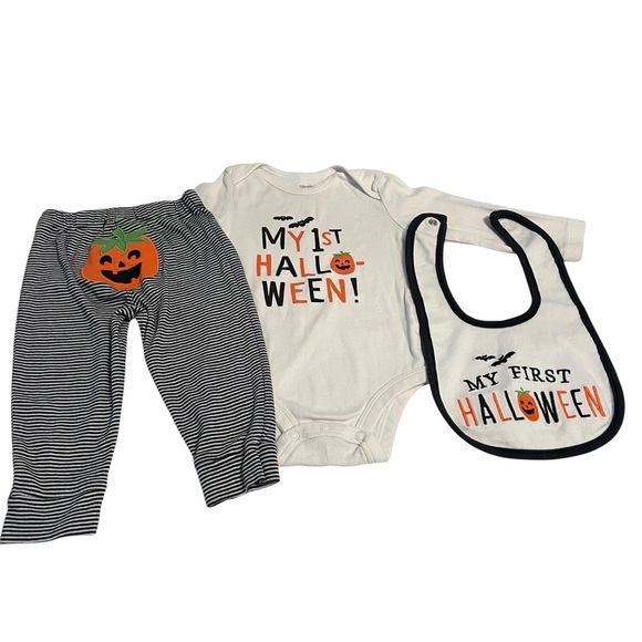 Carter’s Halloween 3pc‎ Baby Set 9M Bodysuit Pants Bib Pumpkin Fal - Picture 1 of 5